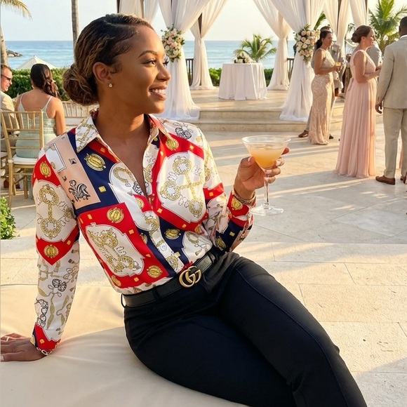 Baroque Chain Links V-neck Button Long Sleeve Loose Fall Blouse - Picture 4 of 7